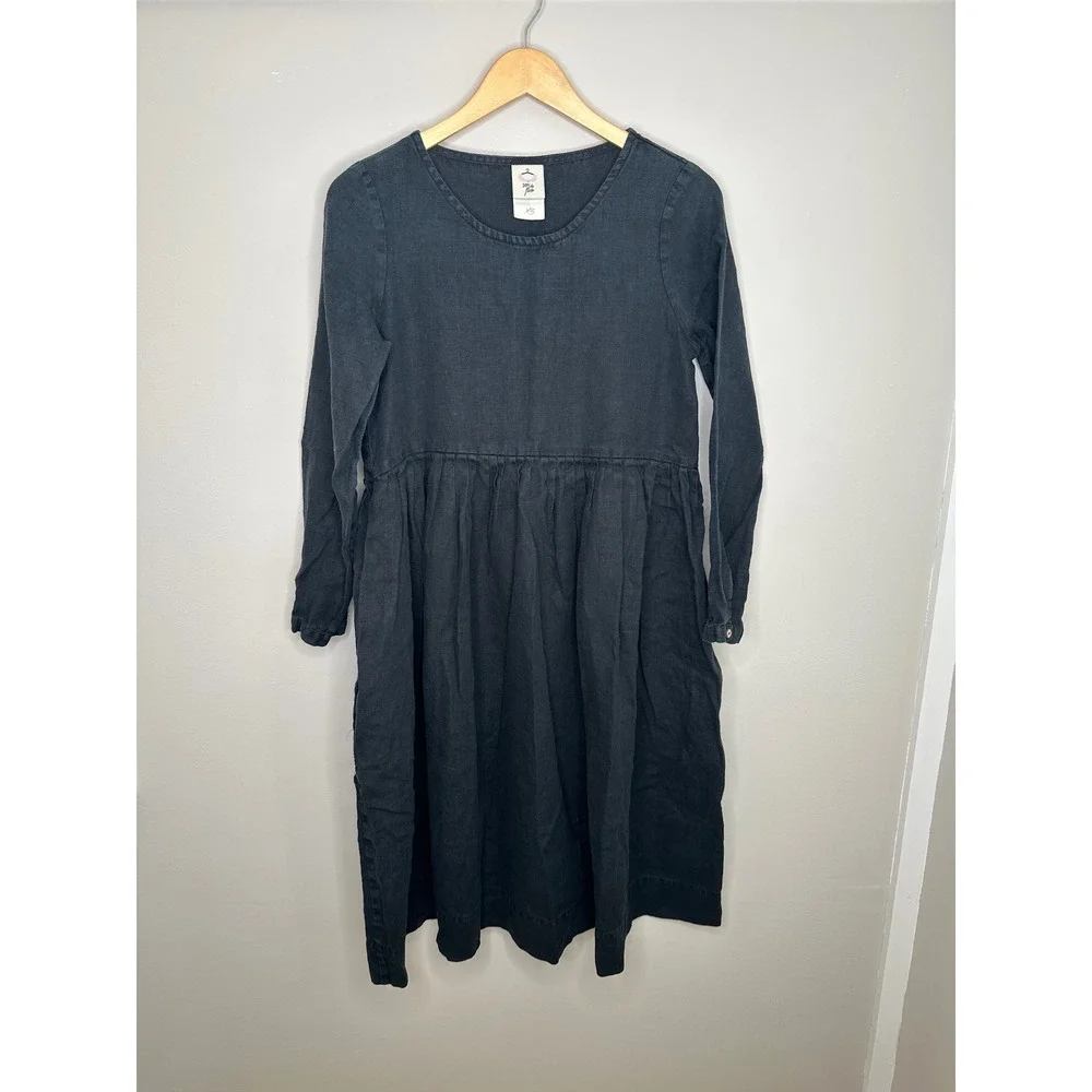 Son de Flor‎ Black Linen Dress XS Long Sleeve Cottagecore Minimalist Pockets